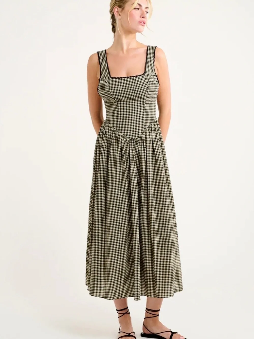 Rumored Black & Cream Gingham Square-Neck Midi Dress - Picture 1 of 5